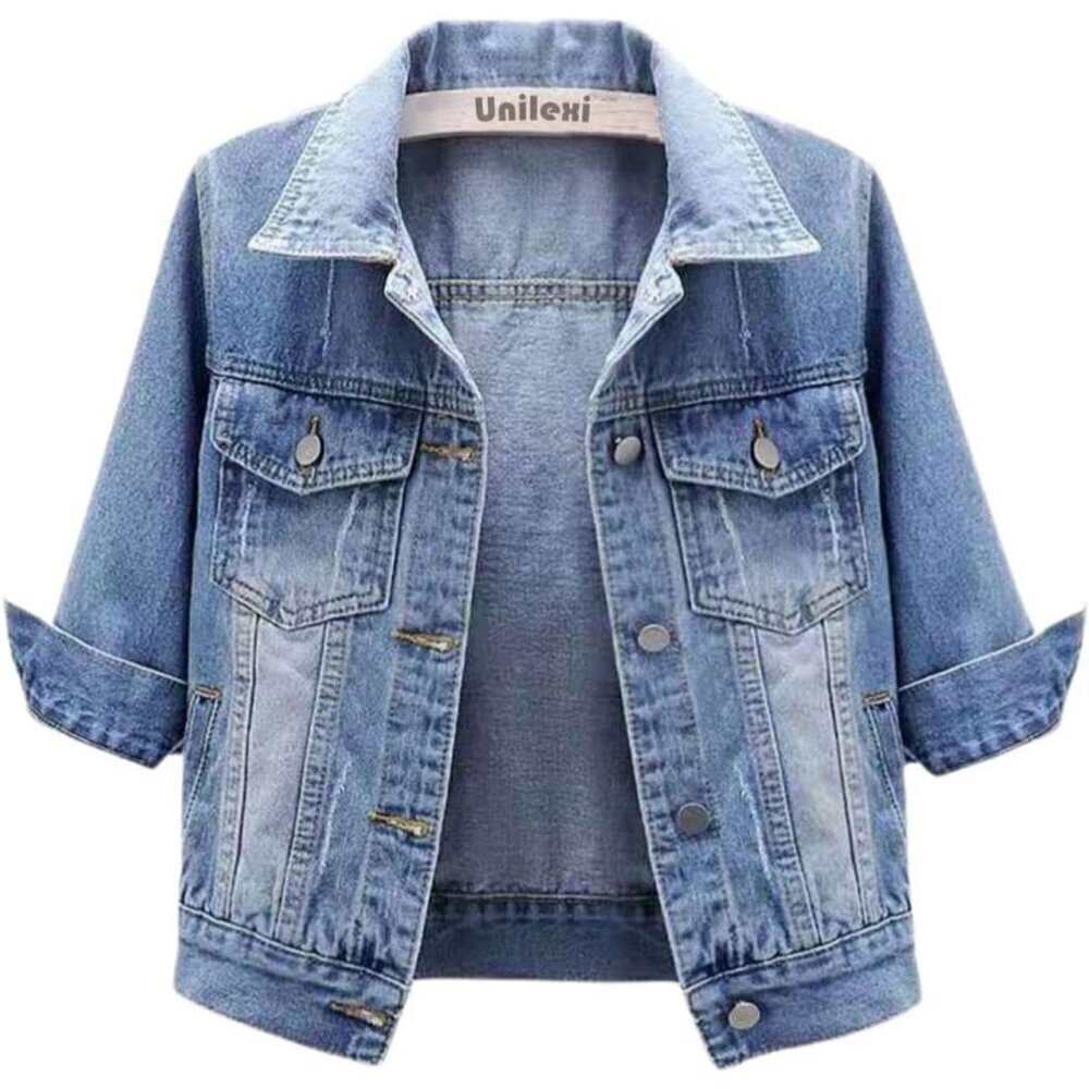 Women's 3/4 Sleeve Colored Cropped Denim Jacket Short Jean Jacket Trucker Blue